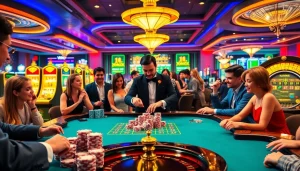 Players enjoying a thrilling round at MM88 casino table with vibrant poker chips and cards.