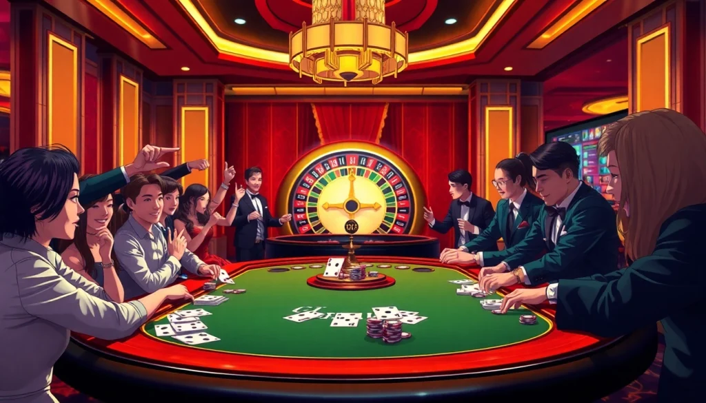 Excited gamblers playing poker at a luxurious casino table, highlighting https:/nk88.us.com/ experience.
