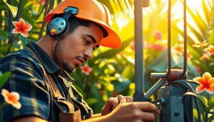Electrician apprenticeship Hawaii: A dedicated apprentice working outdoors in a tropical setting.
