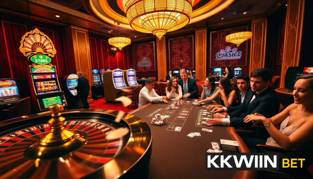 Experience thrilling KKWIN BET action with vibrant casino tables, chips, and engaging players.