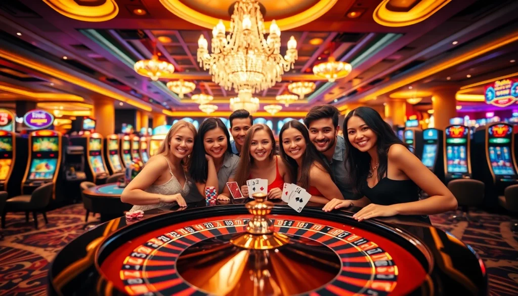 Excited players enjoying the thrill of "seven 77" at a luxurious casino table.