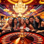 Excited players enjoying the thrill of "seven 77" at a luxurious casino table.