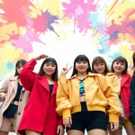 Engaging visual showcasing the blackpink members in dynamic poses and vibrant outfits.