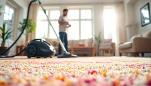 Engaging carpet cleaning specials with a professional technician in a bright living room.