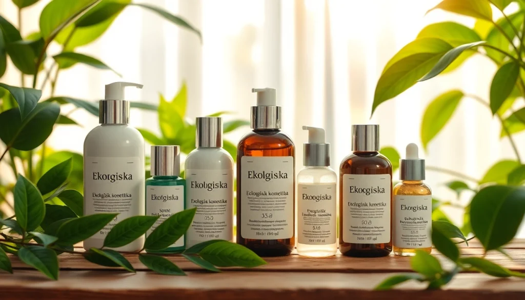 Žaliai papuošti Ekologiska kosmetika produktai natūralioje aplinkoje, skatinantys sveikatingumą.