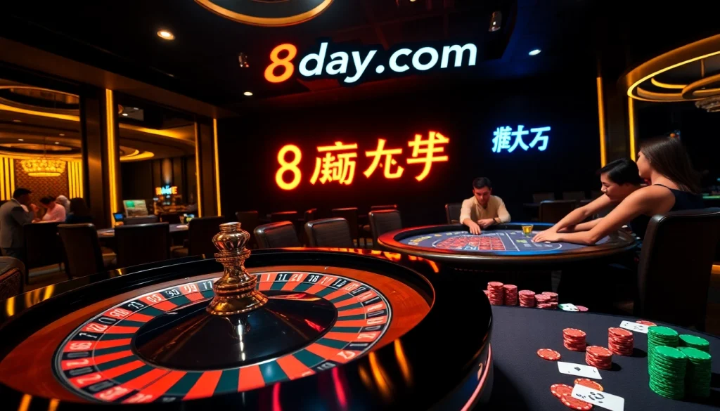 Experience the excitement of gaming at 8day.cn.com with vibrant casino tables, chips, and players.