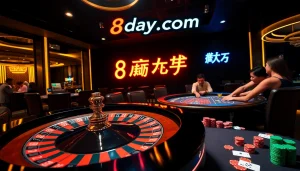 Experience the excitement of gaming at 8day.cn.com with vibrant casino tables, chips, and players.