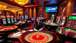Experience the thrill of bem88 casino gaming with vibrant slot machines, poker chips, and a lively atmosphere.