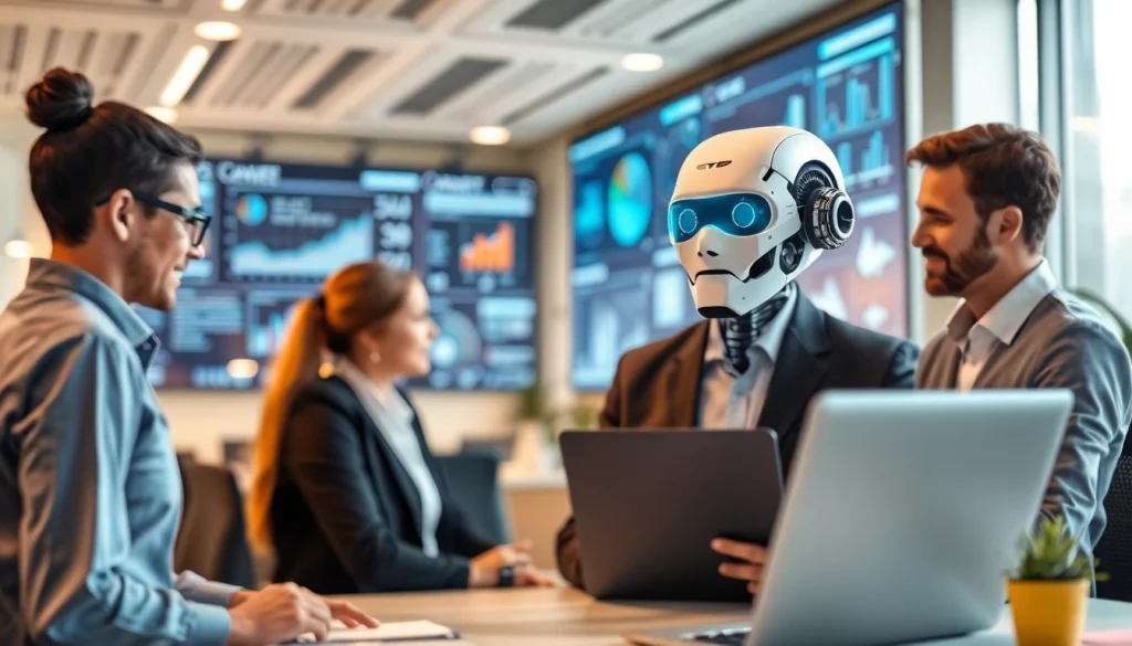 AI Employee assisting a diverse team in a modern office setting, reflecting collaboration.