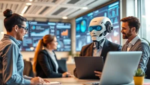 AI Employee assisting a diverse team in a modern office setting, reflecting collaboration.