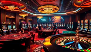 A thrilling gambling scene featuring casino tables and slot machines at 8daywin.live.