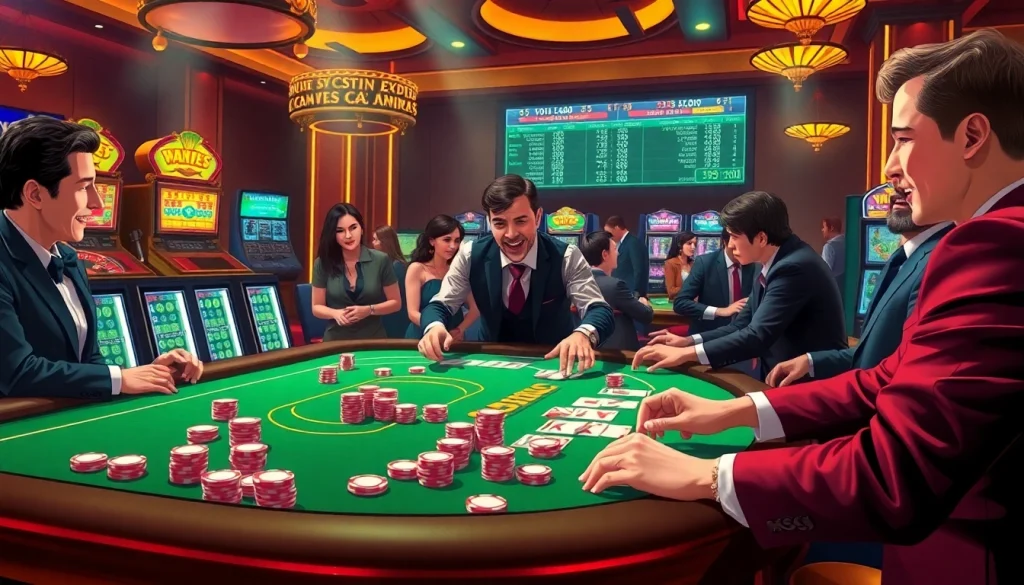 Players enjoying a thrilling game at the xxgg casino, surrounded by vibrant chips and slot machines.