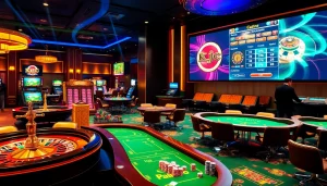 Engaging casino scene featuring games and the KJC logo for online gambling excitement.