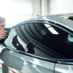Apply the best window tint Chattanooga TN on a sleek car with a professional technician at work.