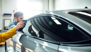 Apply the best window tint Chattanooga TN on a sleek car with a professional technician at work.