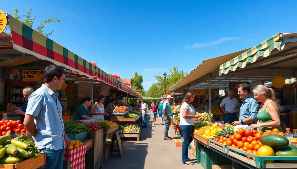 Clarksburg vibrant market scene showcasing fresh produce and lively interactions.