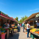 Clarksburg vibrant market scene showcasing fresh produce and lively interactions.