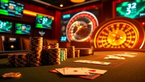 Experience excitement at the 32 WIN casino table with vibrant chips and lively gameplay.