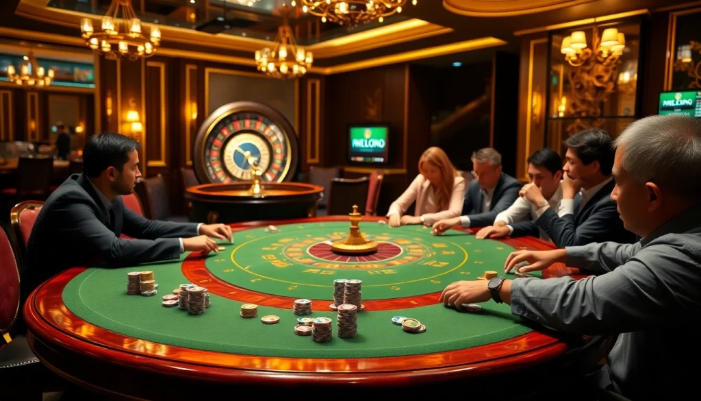 Players enjoying a thrilling poker game at MM88 casino with elegant chips and lively atmosphere.