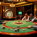 Players enjoying a thrilling poker game at MM88 casino with elegant chips and lively atmosphere.