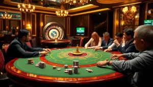 Players enjoying a thrilling poker game at MM88 casino with elegant chips and lively atmosphere.