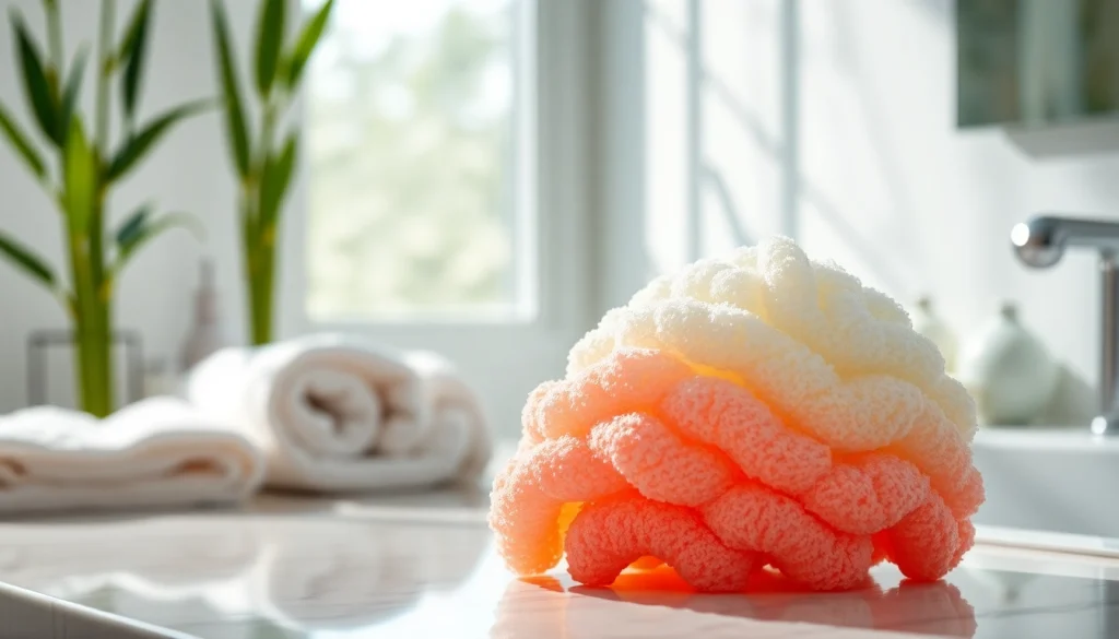 Clean and vibrant best silicone loofah on a stylish bathroom counter.