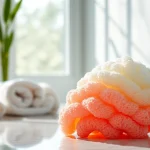 Clean and vibrant best silicone loofah on a stylish bathroom counter.