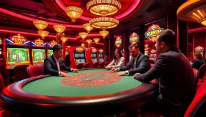 Kuwin online casino action with poker tables, slot machines, and vibrant atmosphere.