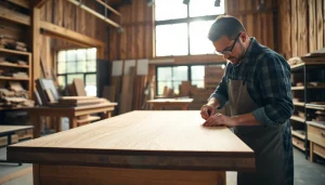Craftsman working on a wood veneer hub in a bright, artisan workshop