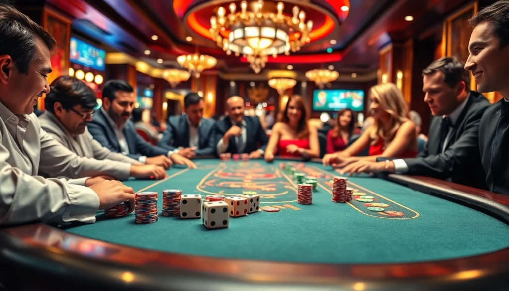 Players at a luxury poker table engaging in an intense game at 98win58 casino.