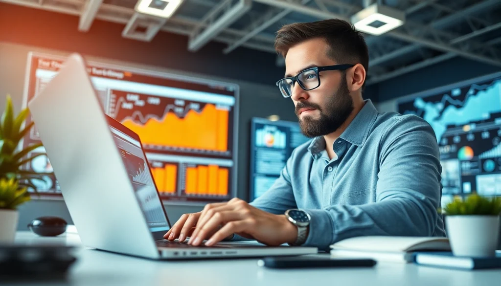 Professionelle SEO Agentur mit KI analysiert Daten auf einem Laptop und zeigt Fortschritt.