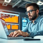 Professionelle SEO Agentur mit KI analysiert Daten auf einem Laptop und zeigt Fortschritt.
