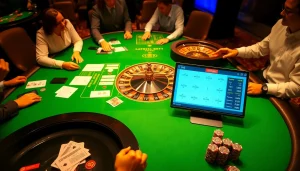 Engaging gamblers analyzing tỷ lệ kèo nhà cái hôm nay at a luxury casino table with chips and betting slips.