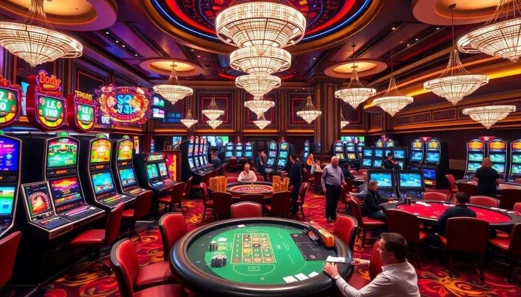 SODO Casino showcases a vibrant gaming atmosphere with poker tables and slot machines.