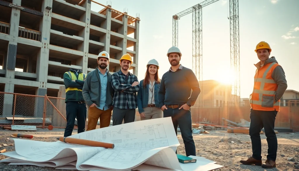 New Jersey General Contractor team collaborating on construction site with blueprints.