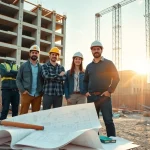 New Jersey General Contractor team collaborating on construction site with blueprints.