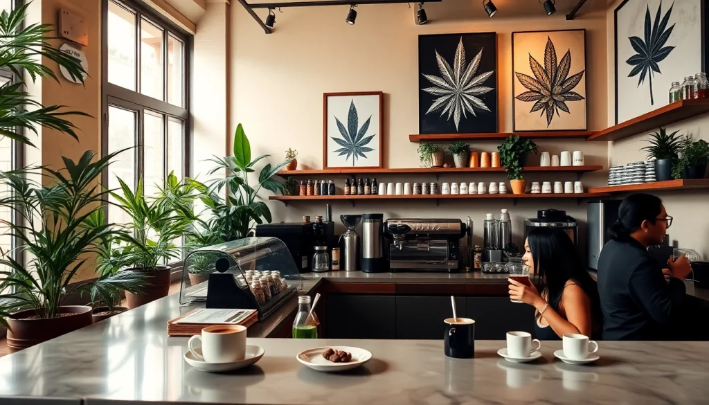 Relax and sip at a Cannabis Coffee Shop Madrid, featuring a stylish coffee counter and inviting ambiance.