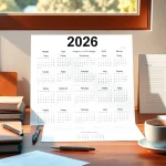 2026 calendar displayed on a desk, highlighting US holidays and organized planning.