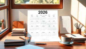 2026 calendar displayed on a desk, highlighting US holidays and organized planning.