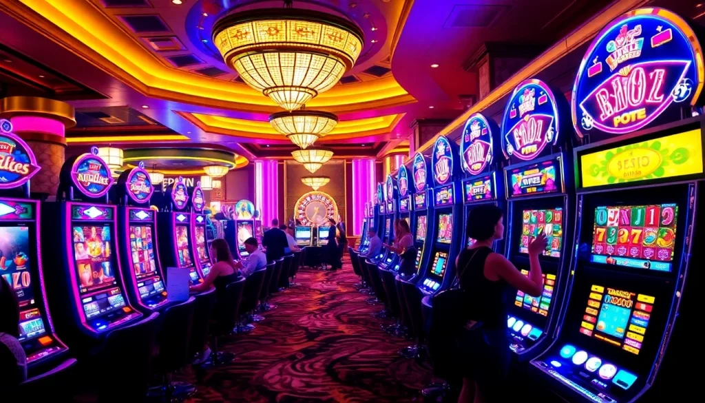 Pemain menikmati mesin slot deposit pulsa dalam suasana kasino yang hidup dengan lampu berwarna-warni.