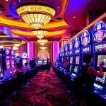 Pemain menikmati mesin slot deposit pulsa dalam suasana kasino yang hidup dengan lampu berwarna-warni.