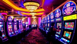 Pemain menikmati mesin slot deposit pulsa dalam suasana kasino yang hidup dengan lampu berwarna-warni.