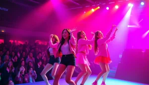 Blackpink news highlighting the K-pop group performing live on stage with energetic fans in the background.