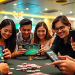 Exciting online gaming scene featuring players at gamebaidoithuong.com.vc engaged in card games with smartphones and tablets.