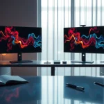 Innovative workspace showcasing NSFW AI technology with dual monitors displaying adult art.