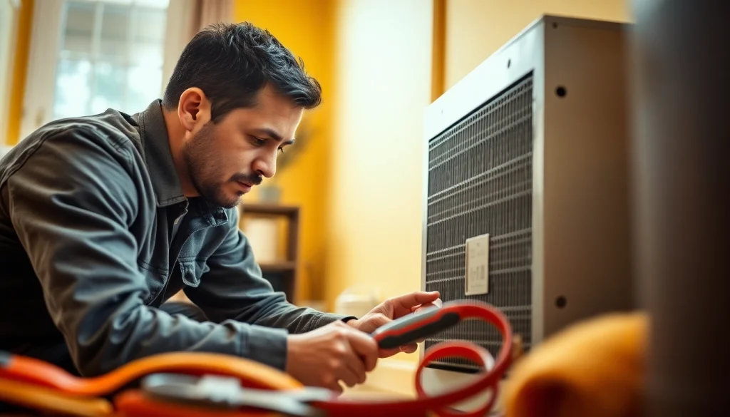 Heating repair south salem service technician inspecting a heating unit in a warm home.