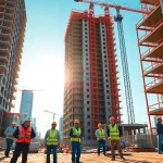 Workers in Austin construction site collaborating on a modern building project.