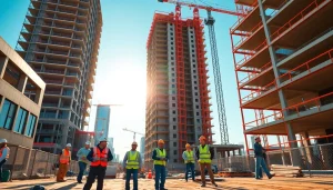 Workers in Austin construction site collaborating on a modern building project.