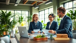 Lawyers from an environmental law firm conducting a consultation in a sustainable office.