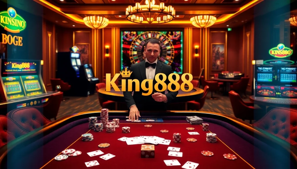 Experience the thrill of king88 gaming with a luxurious casino scene featuring poker chips and vibrant game tables.
